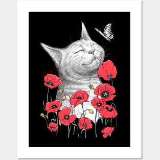 Cat in poppies Posters and Art